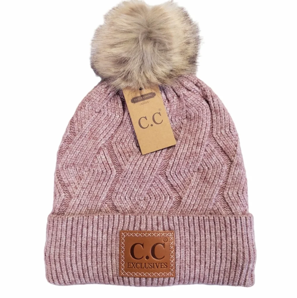 Braided Winter Hat Womens Mauve Knit Beanie Stretch Faux Fur Pom
